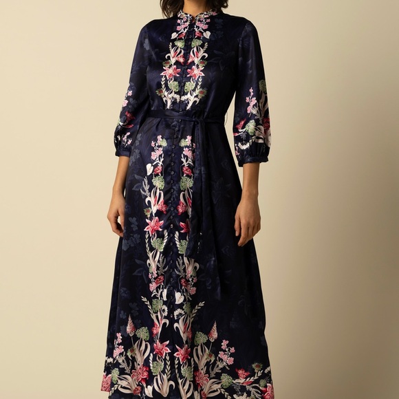 RAISHMA Studio Blue Satin Floral Mandarin Bria Maxi Dress With Belt UK 10 S M - Picture 1 of 5